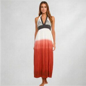 Chaudry Dress L  Red White Ombre Halter Maxi Boho Lace Smocked Back